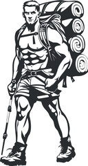 Fototapeta premium A strong hiker with a backpack poses confidently in a scenic outdoor setting.