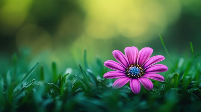 Delicate pink flower in vibrant green grass