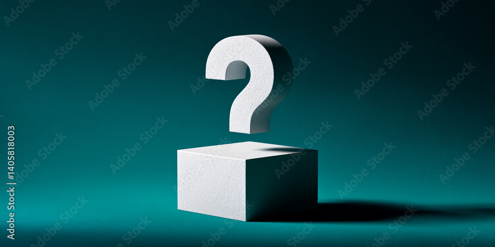 Poster White question mark hovering above a white cube on teal background, showcasing inquiry, uncertainty, or problem-solving concept