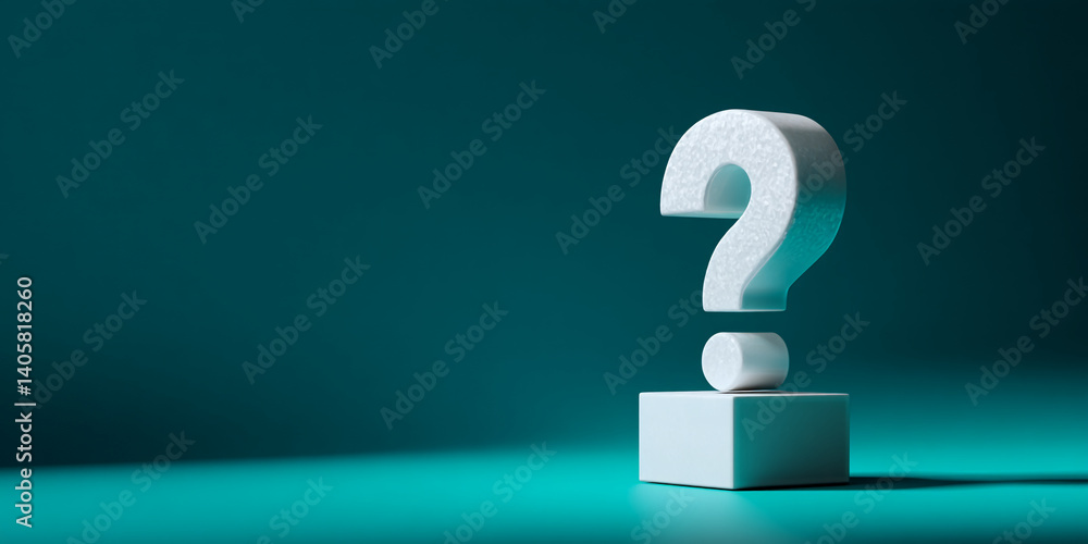 Poster white question mark on a white pedestal against a teal background, symbolizing inquiry, uncertainty,