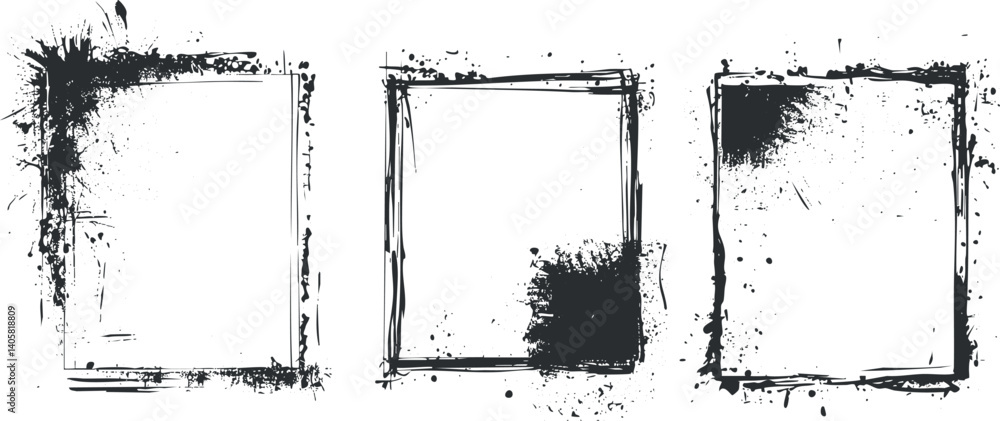 Poster a set of three artistic black frames with splashes and textures for creative design use.