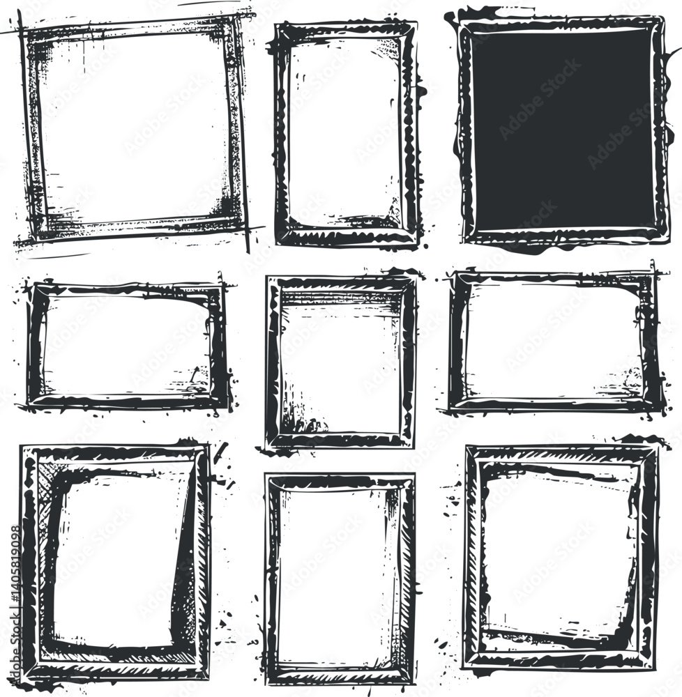 Poster a collection of hand-drawn frames in various sizes and styles for artistic display.