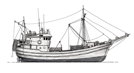 Naklejka premium Detailed fishing boat drawing side view illustration