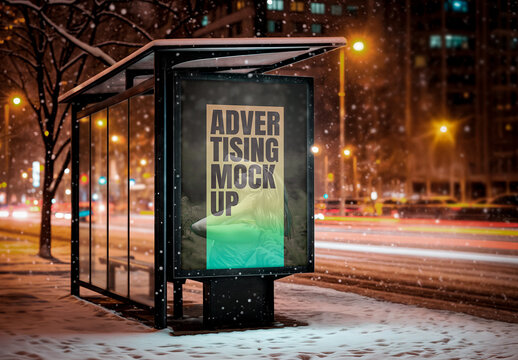 Billboard Mockup in Snowstorm at Night on Urban Street