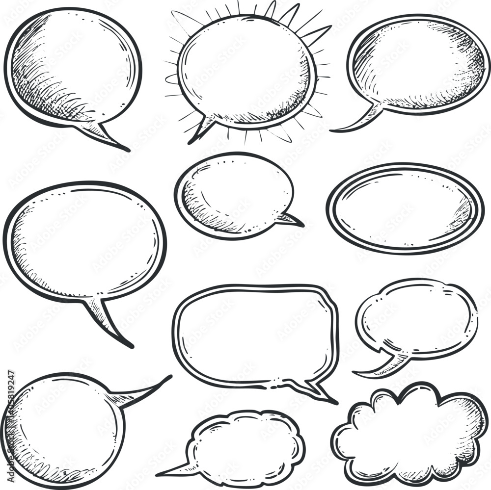 Poster a collection of hand-drawn speech bubbles in various shapes and sizes for creative use.