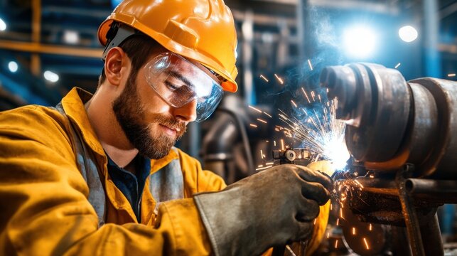 A cinematic welding scene featuring a welder repairing heavy machinery, surrounded by thick metal components, with copy space