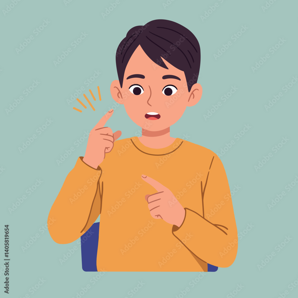 Poster young boy with a surprised expression sitting at a table in a minimal design style vector art