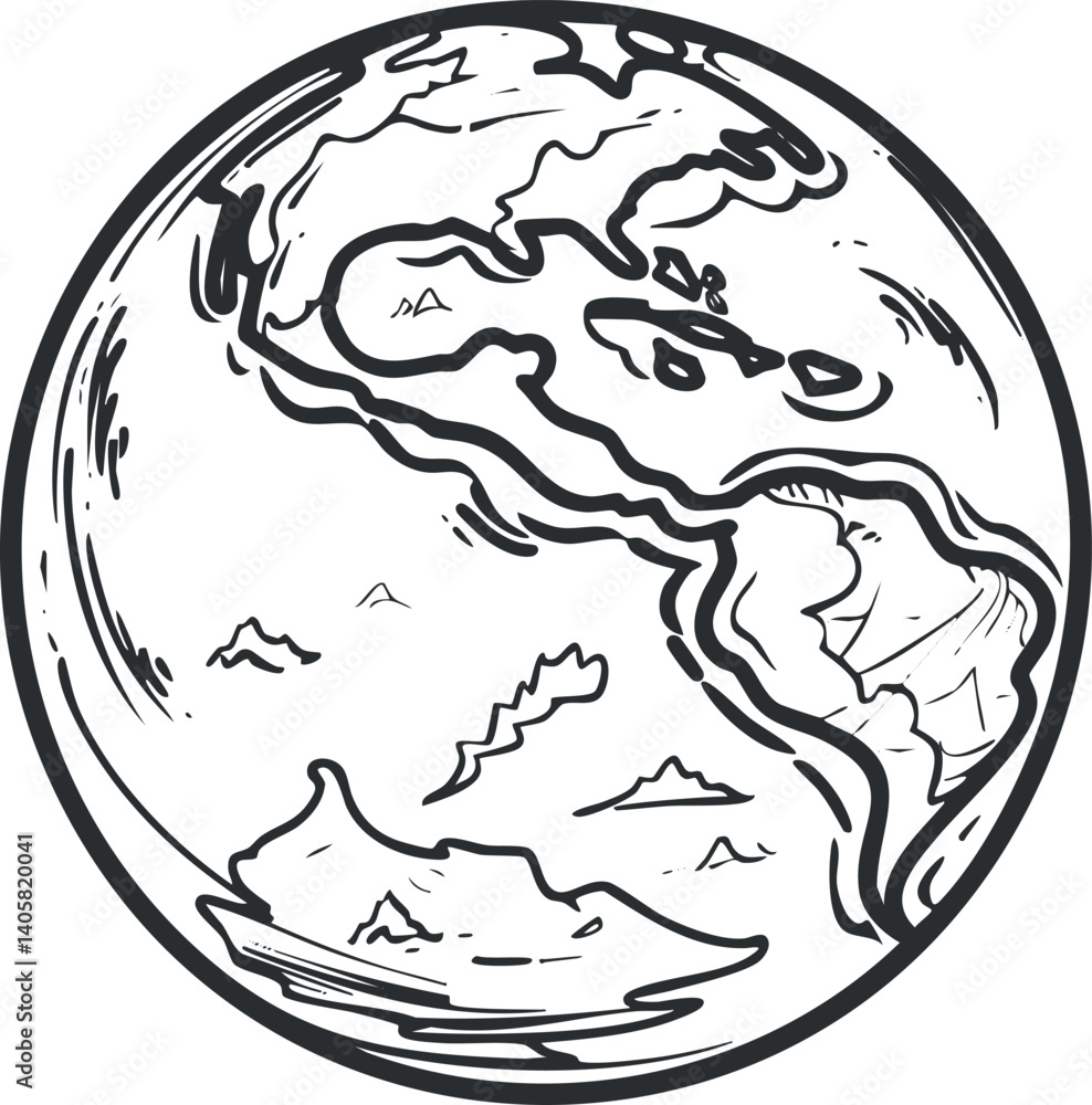 Poster illustration of a globe showing continents and oceans in a simplistic sketch style