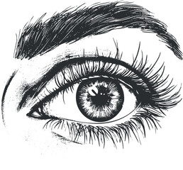 Obraz premium A detailed black and white sketch of a human eye showcasing intricate features and textures.