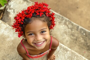Sunny daylight. Happy brazilian toddler girl wearing red flower crown on her head. Happy vacation time symbol. Happy wanderer in a flower field. Girlâ€™s playful summer moment.
