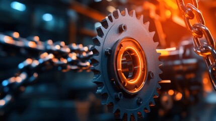 A dynamic mechanical composition of rotating gears and chains in a large manufacturing plant, with dramatic lighting, with copy space