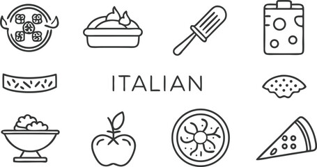 Italian Cuisine Icons Pizza, Pasta, Apple, Cheese, and More