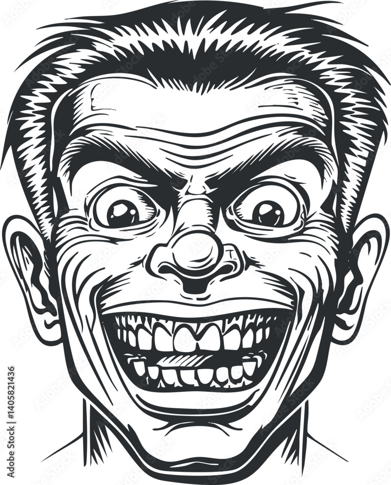 Poster a humorous and exaggerated cartoon character with a big smile and joyful expression.