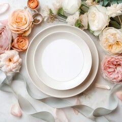 A blank wedding invitation card mockup placed on a decorative plate, surrounded by roses