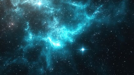 Fototapeta premium Breathtaking cosmic scene with glowing blue nebula in dark space and bright stars shining in the universe.
