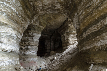 Interior of a Gypsum Cave with Crystal Formations and Rock Textures