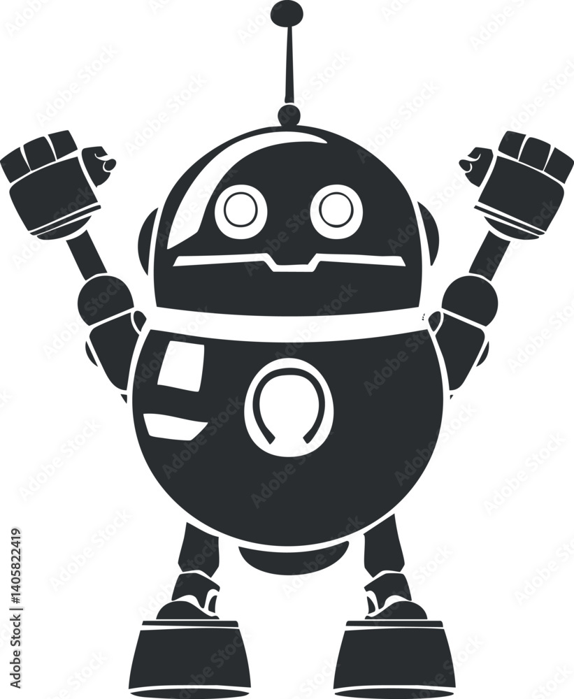 Poster a playful cartoon robot character with a cheerful expression and futuristic design.