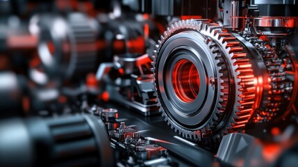 Fototapeta premium A futuristic robotic assembly line manufacturing oversized steel gears, with precision engineering and automated machinery, with copy space