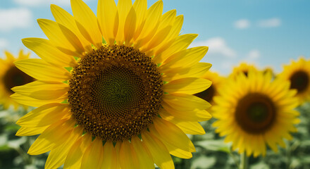 A vibrant sunflower basking in summer's golden light, its radiant petals reaching for the sun in a field of dreams under a bright blue sky.