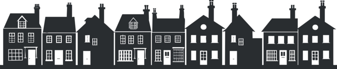 Obraz premium A silhouette illustration of various houses showcasing diverse architectural styles in a row.