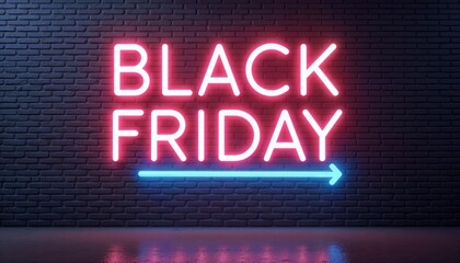 Obraz premium Pink blue neon Black Friday sign illuminated indicating direction against brick wall