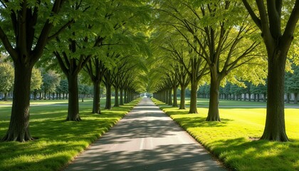 Sunny tree-lined path in green and brown hues representing tranquility and journey