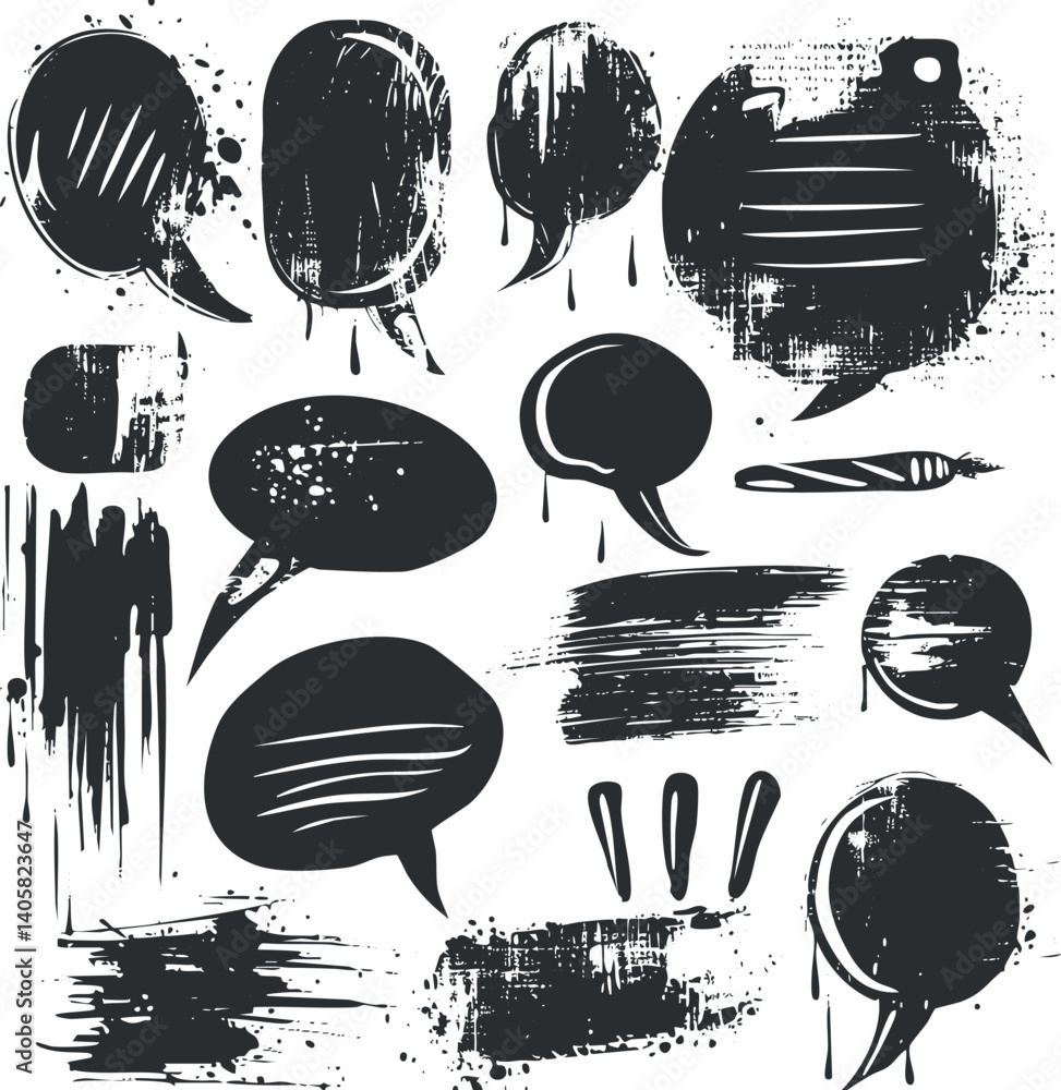 Poster a collection of artistic speech bubbles and elements for communication and dialogue illustrations.