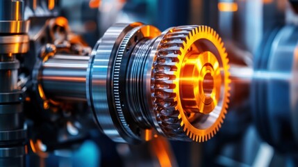 A high-resolution macro shot of a lubricated steel gear rotating in a powerful turbine system, with copy space