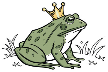 11 Realistic green frog, golden crown, fairytale prince, whimsical, detailed texture, shiny metallic, jeweled eyes, storybook illustration, white background, studio lighting, high contrast, 3D renderi