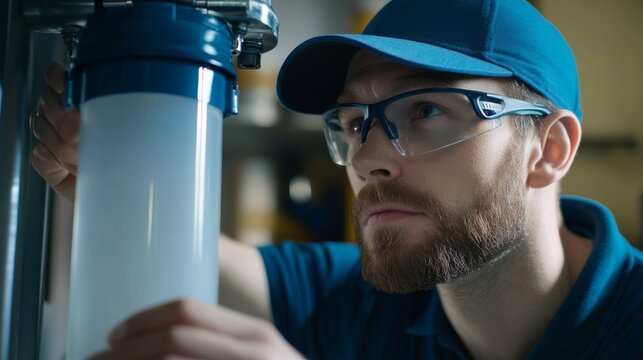 Plumber installing water filtration system. Featuring plumbing and water filtration installation