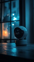 Smart Rotating Security Camera on Polished Tabletop Near a Window in Evening Ambience