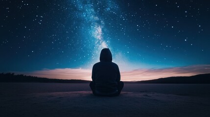 A person gazes up at a starry sky, surrounded by tranquility and cosmic beauty. The Milky Way shines brightly above them.