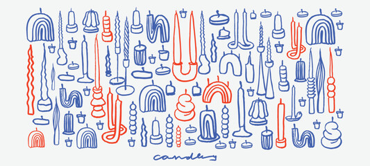 Isolated vector set of hand drawn cozy aromatic candles. Aromatherapy and relaxation. Flat illustration. Various scented candles set. Sketch.