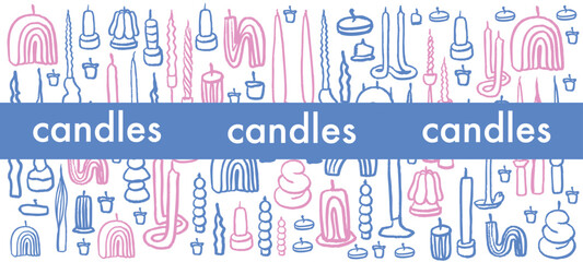 Isolated vector set of hand drawn cozy aromatic candles. Aromatherapy and relaxation. Flat illustration. Various scented candles set. Sketch.
