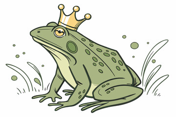 11 Realistic green frog, golden crown, fairytale prince, whimsical, detailed texture, shiny metallic, jeweled eyes, storybook illustration, white background, studio lighting, high contrast, 3D renderi