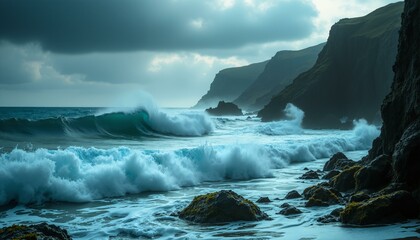 Powerful ocean waves crash against dark cliffs under a stormy sky; seaweed clings to rocks.