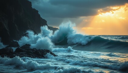 Fototapeta premium Powerful indigo waves crash against dark cliffs under a stormy plum sky, revealing ocean foam.