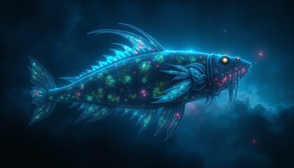 Bioluminescent starship drifts through nebula; deep-sea anglerfish design, vibrant colors, crystalline dust.