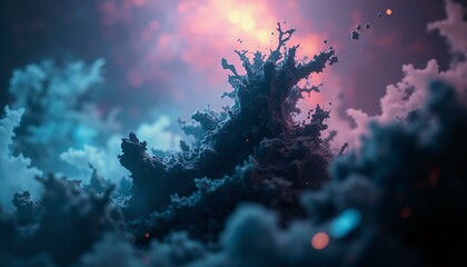 Fractured obsidian shards swirl in a nebula of indigo, violet, emerald, rose gold, and charcoal gray hues.