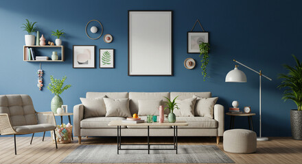 A serene living room bathed in soft, natural light, featuring a cozy beige sofa and a calming blue wall, accented with plants and tasteful decor.