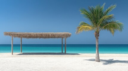 Fototapeta premium Beautiful beach view with azure water, a cabana, and a palm tree on bright sunny day
