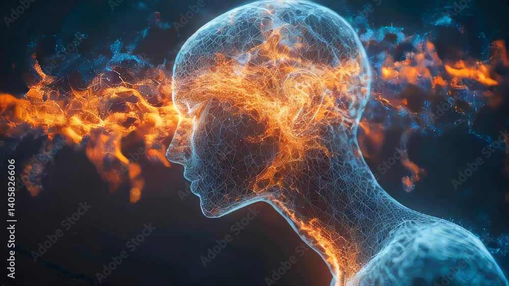 Poster a schematic representation of a human figure with illuminated neural connections in the brain, symbo