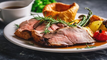 Juicy roast beef slices served on white plate with Yorkshire pudding, roasted vegetables and herbs. Mouth-watering sunday dinner with delicious gravy.  