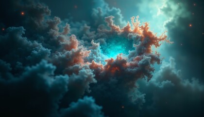 Fototapeta premium Cosmic nebula swirls with geometric shapes in indigo, blue, gold, and emerald hues; ethereal bloom.