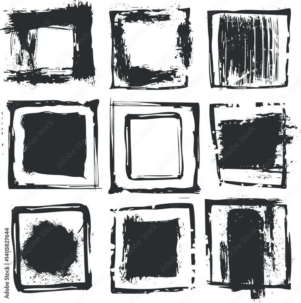 Poster a collection of bold black and white hand-drawn square frames with various textures and styles.