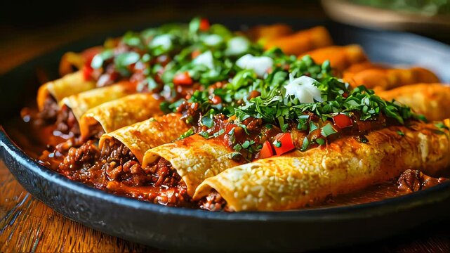 A serving of Honduran enchiladas with vibrant toppings of tomatoes, onions, and fresh herbs on a black plate