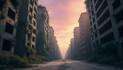 Obraz premium Crumbling skyscrapers consumed by moss and vines under a violet twilight, reflecting deserted streets.