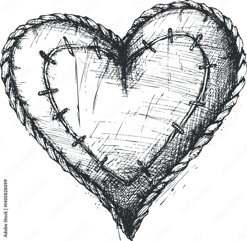 Poster a sketched heart design featuring a stitched outline and textured detailing for artistic expression.