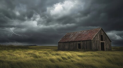 Obraz premium Stormy skies loom over a lonely barn in a vast field. Nature’s drama unfolds as lightning strikes in the background. A moment of quiet chaos.