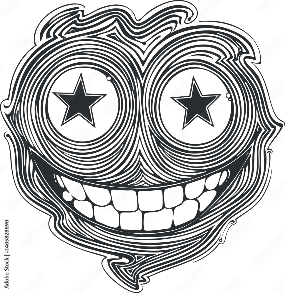 Aufkleber an abstract smiling face illustration with whimsical features and playful elements.